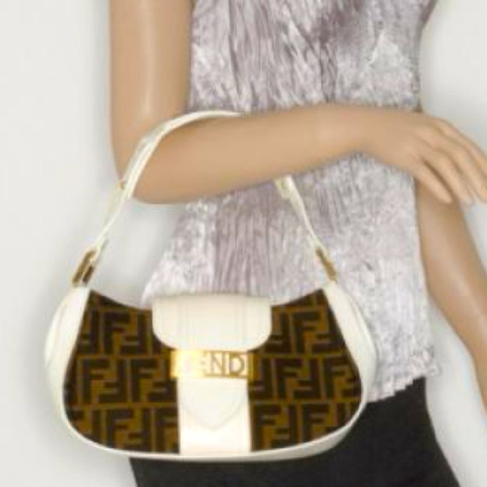 Fendi Brown Monogram Canvas and Cream Leather Baguette Bag with Gold Hardware - Picture 2 of 2